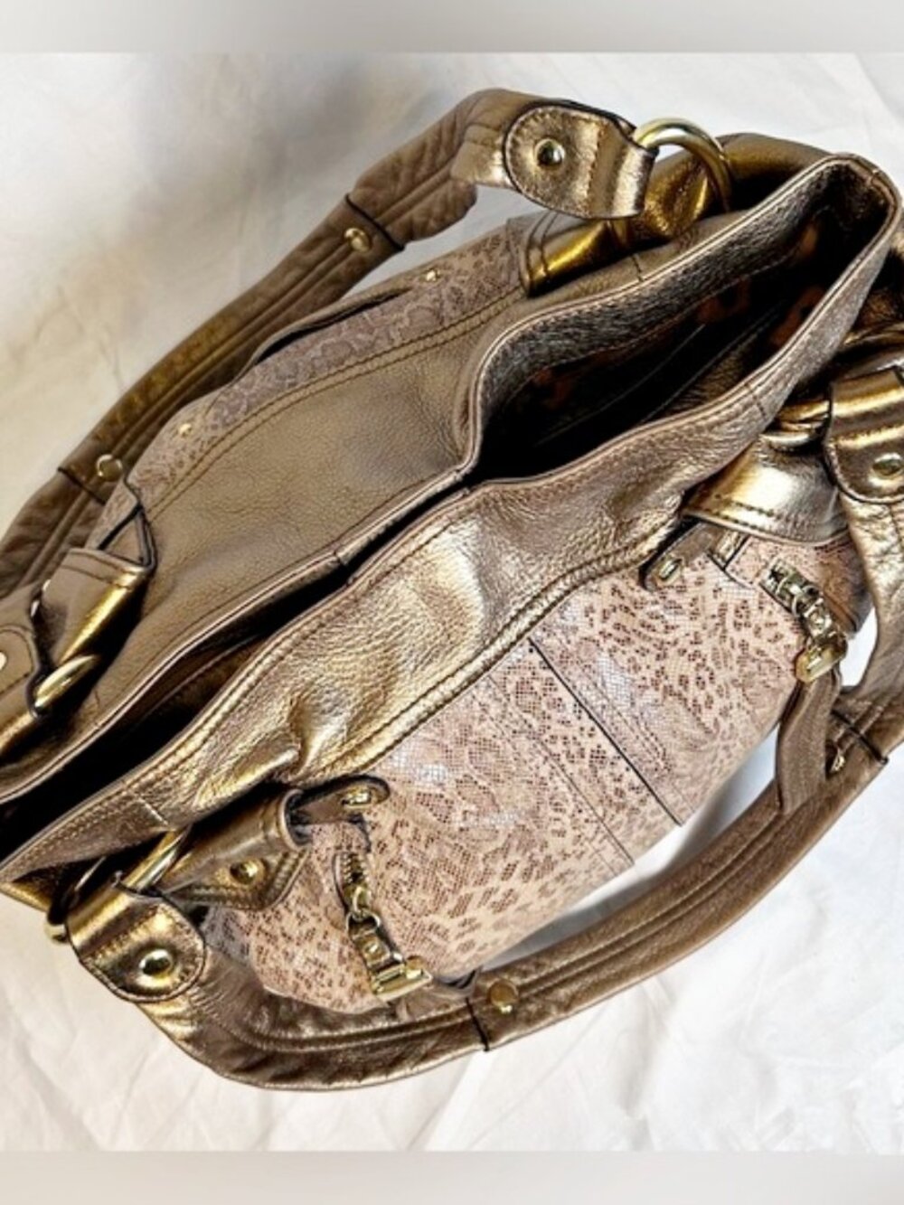 B Makowsky Large Metallic Gold Python Print Leath… - image 4